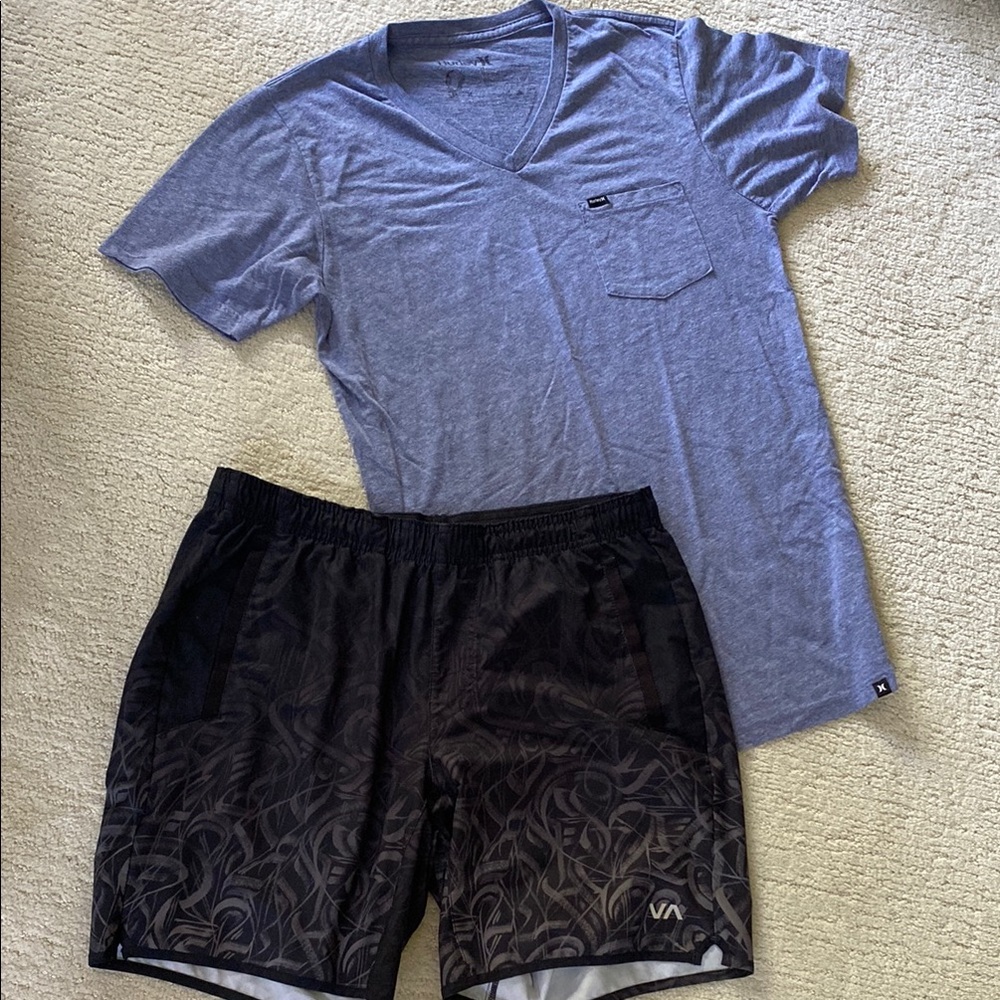Hurley Gray V-Neck T-Shirt and RVCA Black Patterned Shorts Set. Medium.